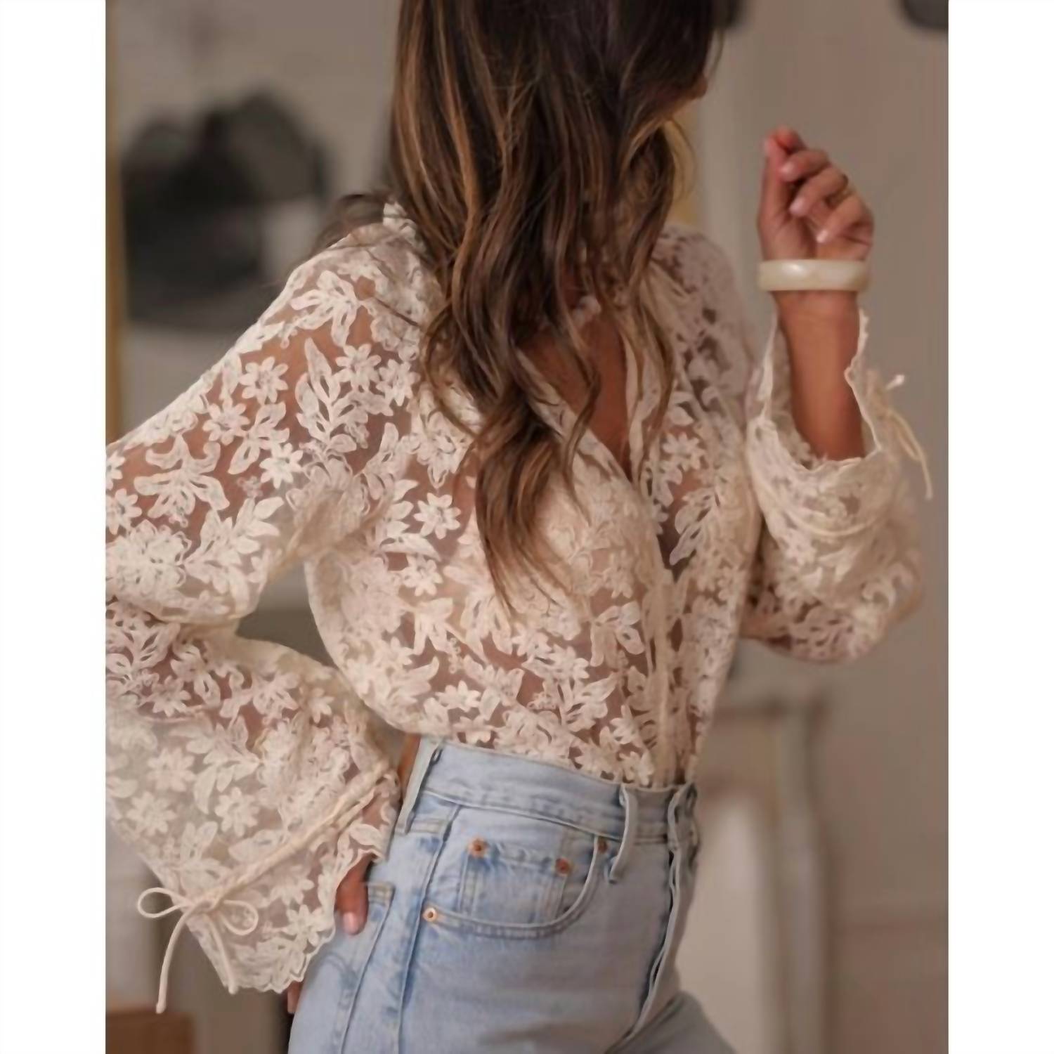 Rosa Clothing Women's Boho Lace Floral Sheer Blouse in beige - women's blouse - alternate view