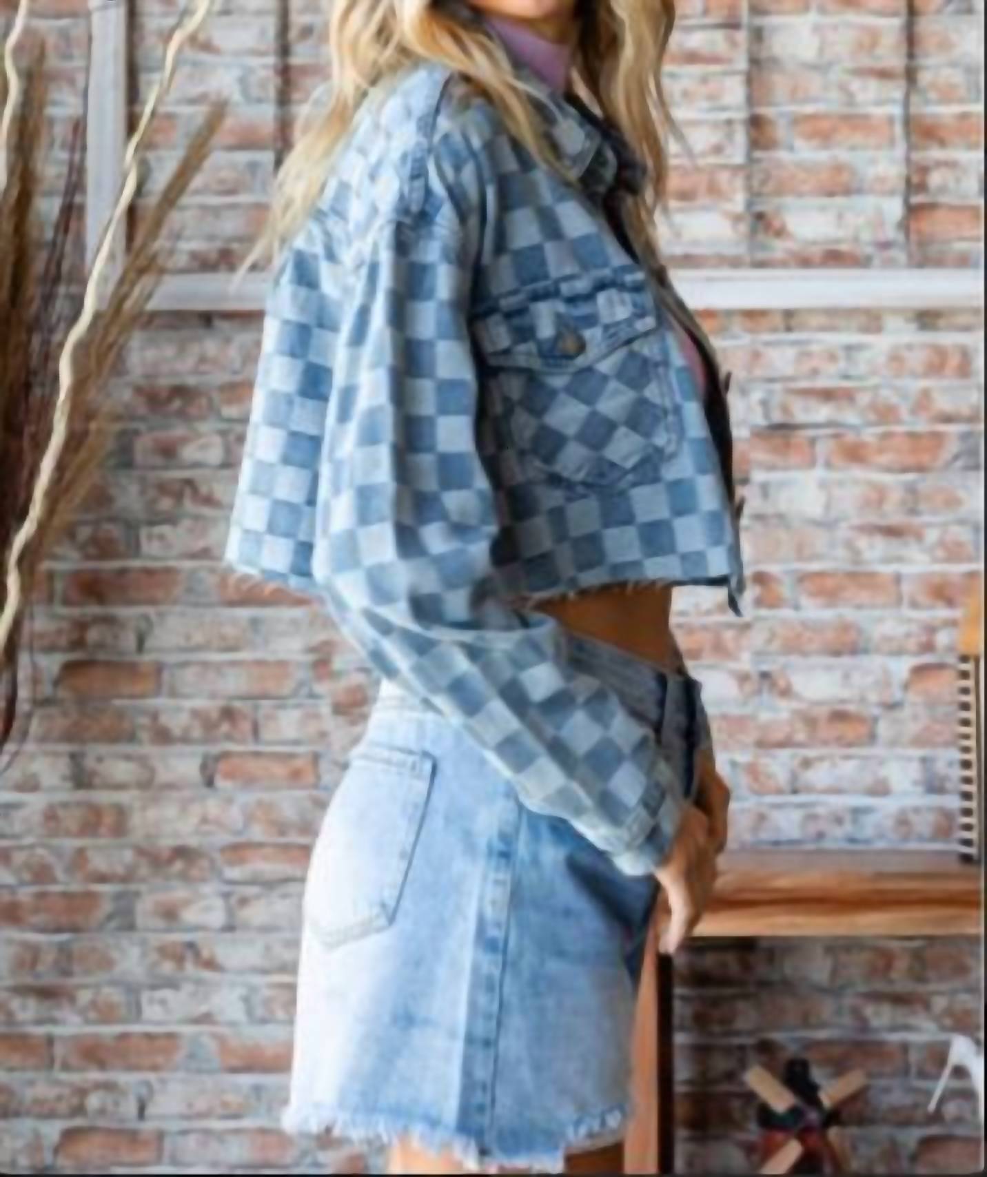 Veveret - Denim Check Print Crop Shirt Jacket