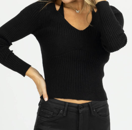 KNIT COLLAR TIE LONG SLEEVE TOP