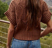 By Together Round Neck Short Sleeve Crochet Sweater in dark brown - women's sweater - detail view