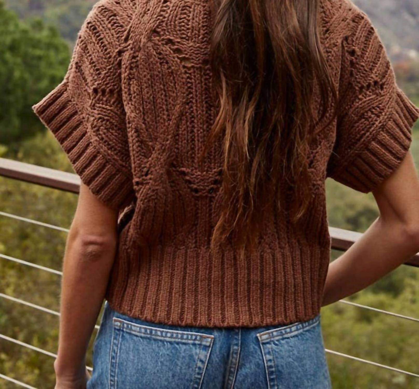 By Together Round Neck Short Sleeve Crochet Sweater in dark brown - women's sweater - detail view