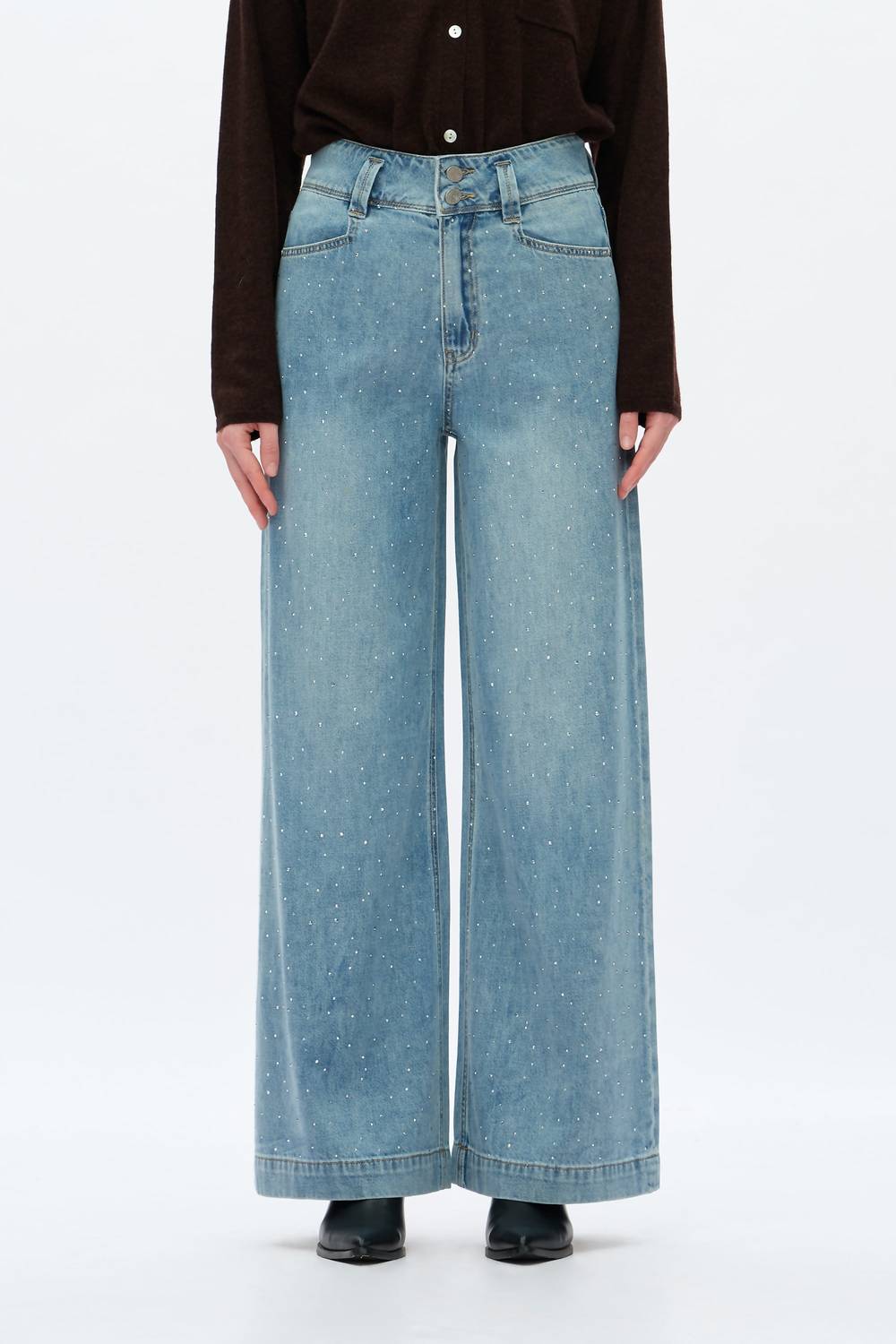 Bayeas - Super High Rise Rhinestone Wide Leg Jeans
