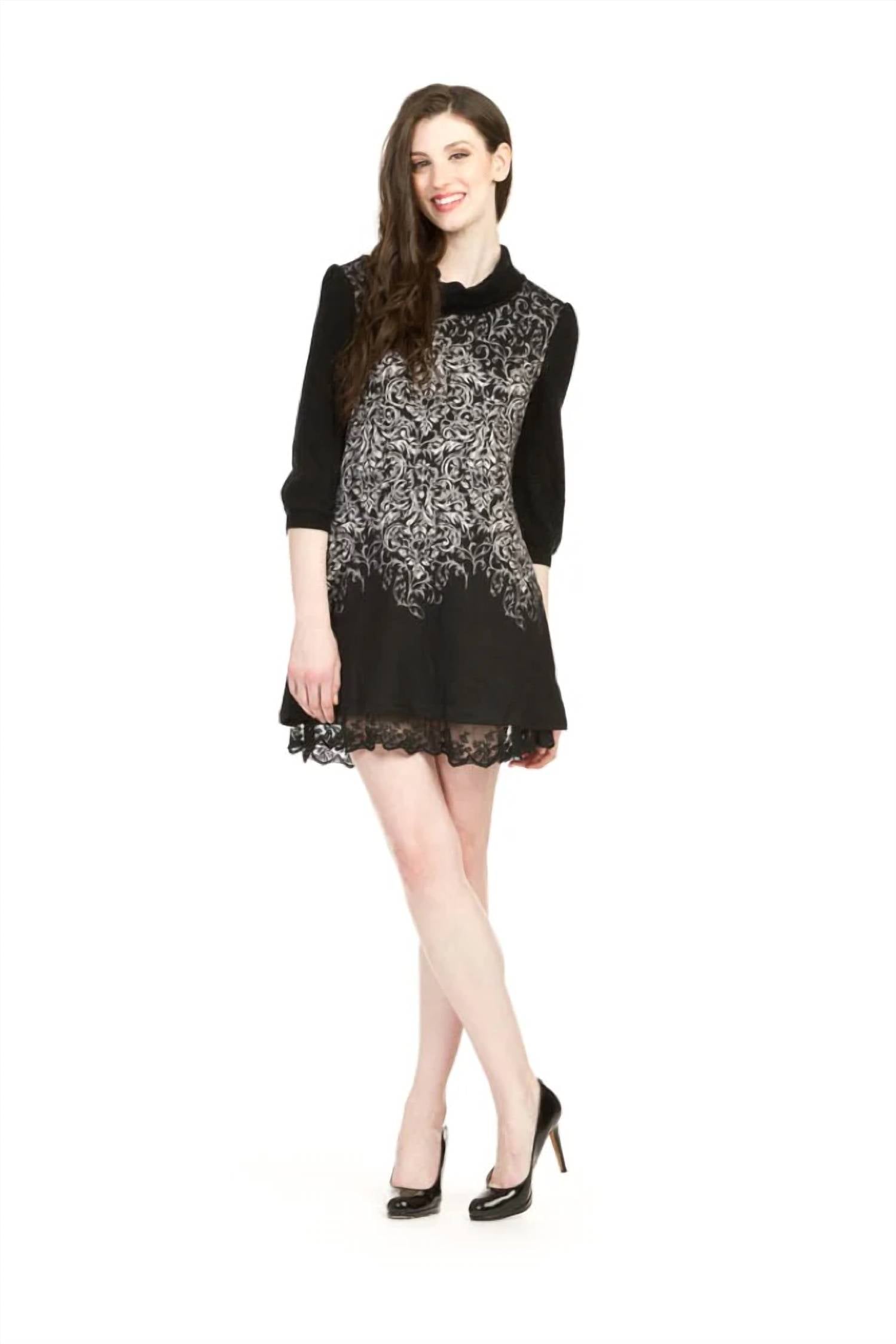 Papillon - Filgree Print Cowl Neck Lace Hem Detail Dress