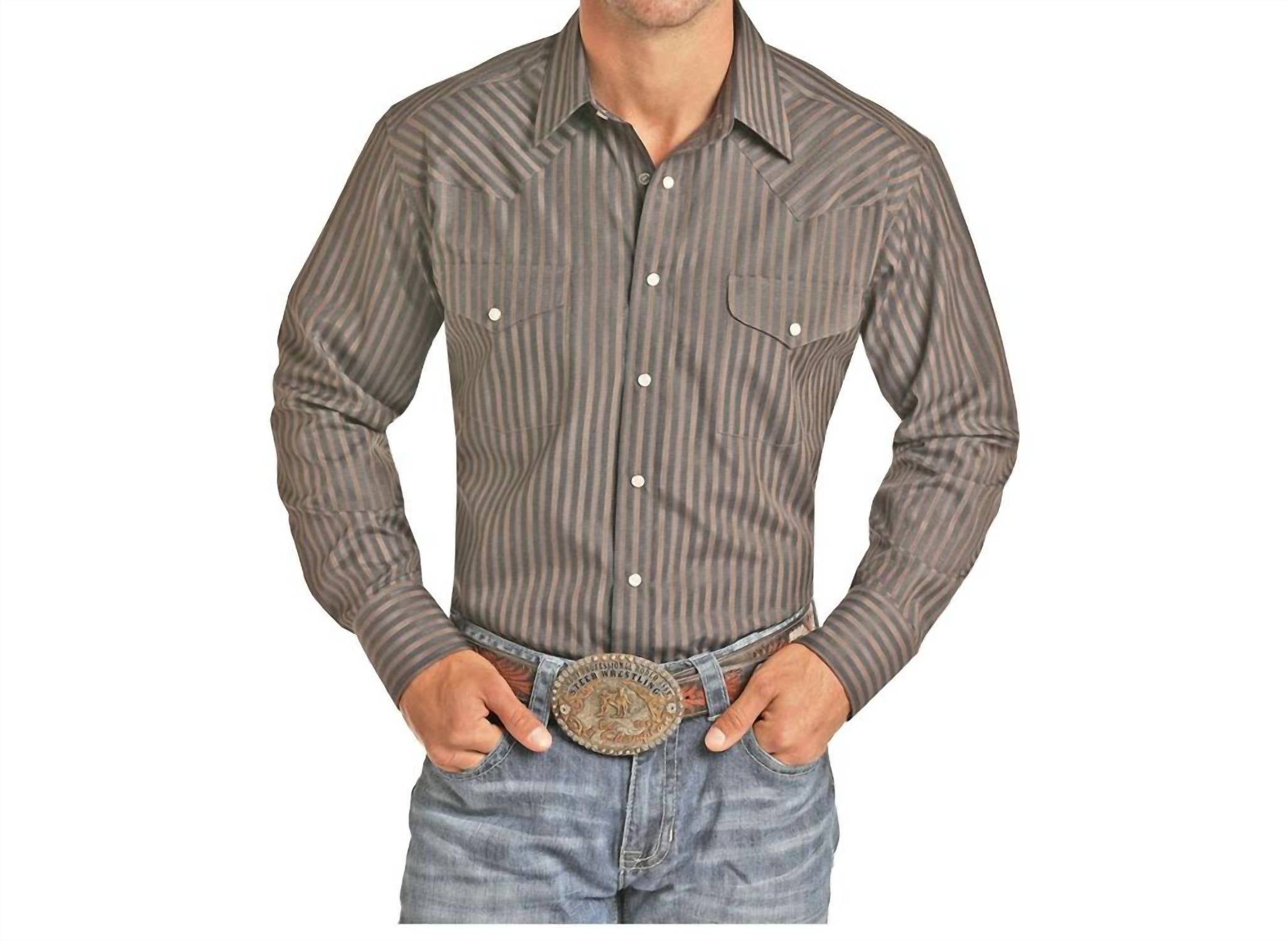Panhandle - Men's Satin Dobby Stripe Western Snap Long Sleeve Shirt
