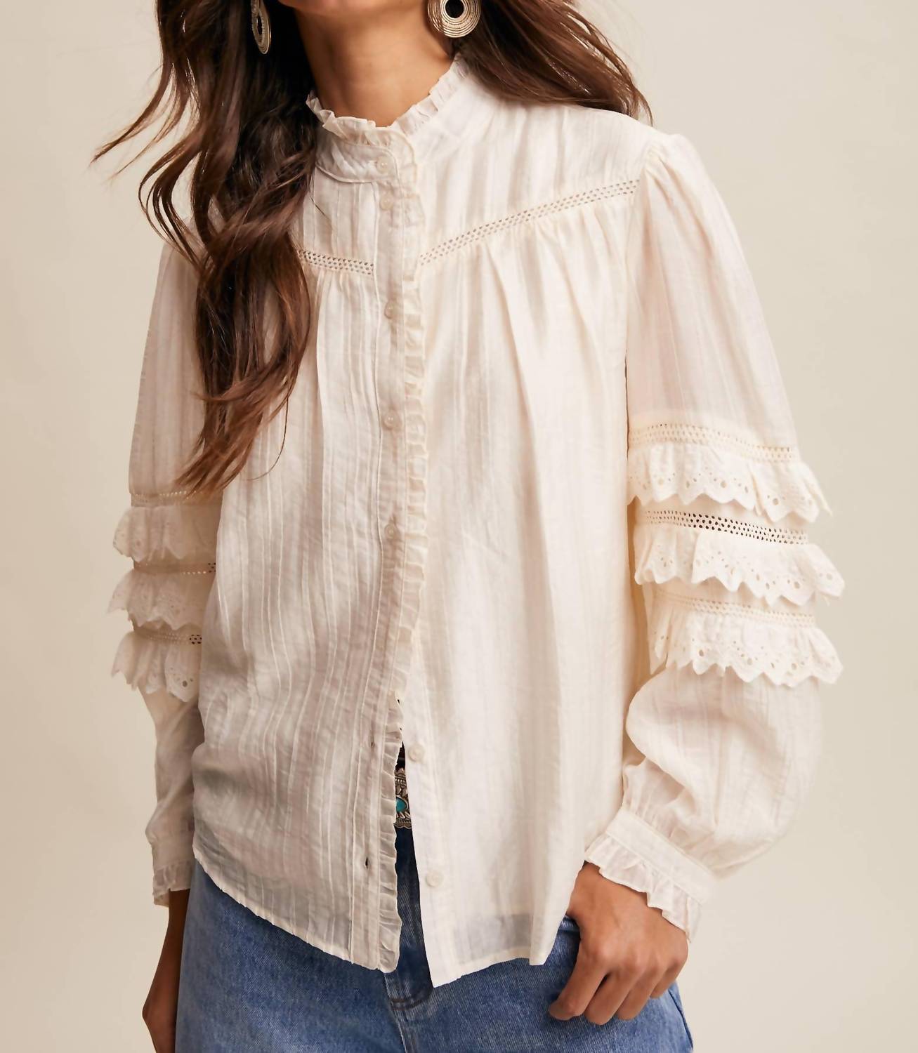 Listicle Lace Ruffle Sleeve Blouse in cream - women's blouse
