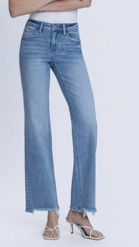 LOVERVET Mid Rise Full Length Distressed Hem Slim Wide Leg Jeans in medium wash - women's jeans - detail view