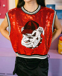 QUEEN OF SPARKLES Full Sequin Sweater Tank With Bulldog Head in red - women's tank top