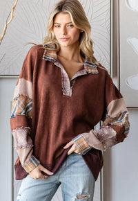 Oli & Hali - Washed Patchwork Collared Pullover Top