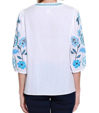Multiples - Embroidered Notch-neck Woven Top