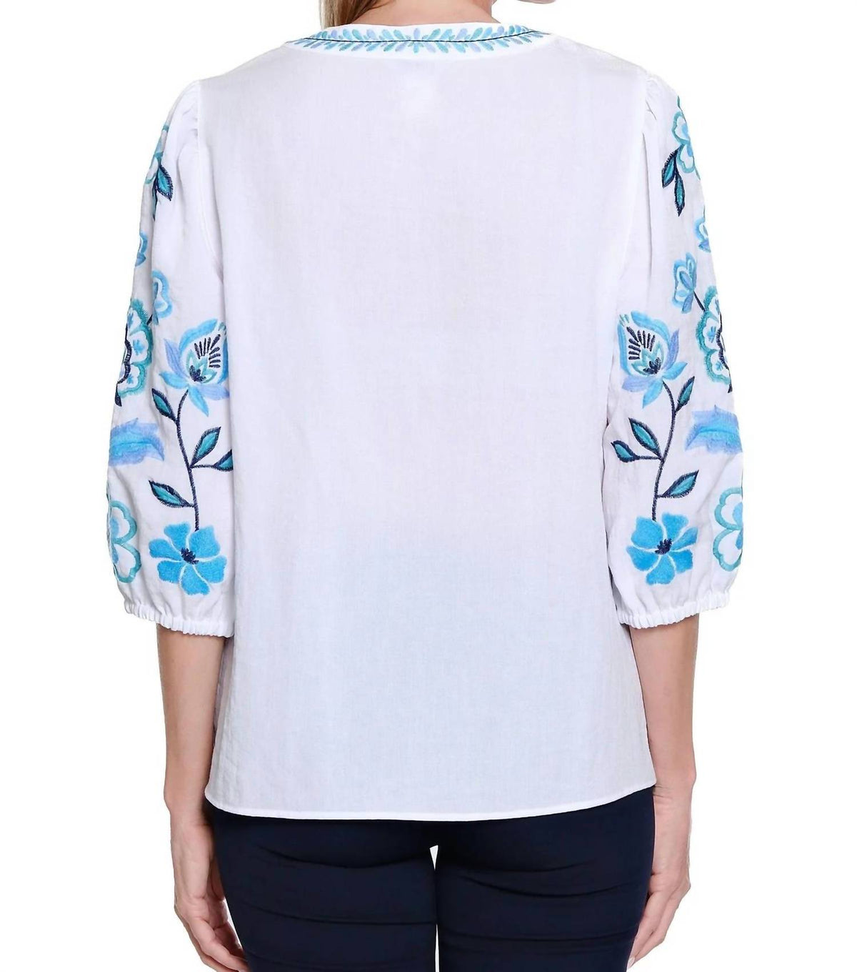 Multiples - Embroidered Notch-neck Woven Top