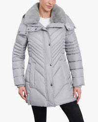 London Fog - Zip-front Hooded Puffer Jacket With Button-off Fur Collar