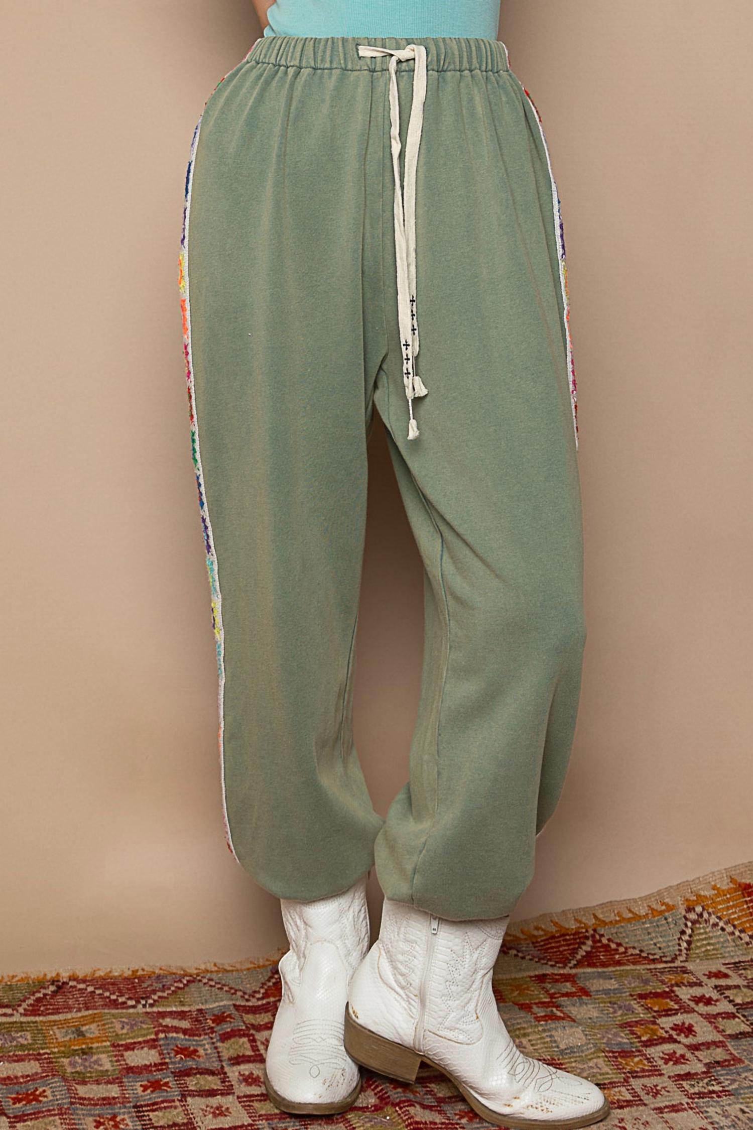 POL Crochet Side Trim Knit Joggers in washed green - women's pants