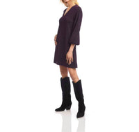 Karen Kane Blouson Sleeve Metallic Knit V-Neck Dress in eggplant - women's dress - detail view