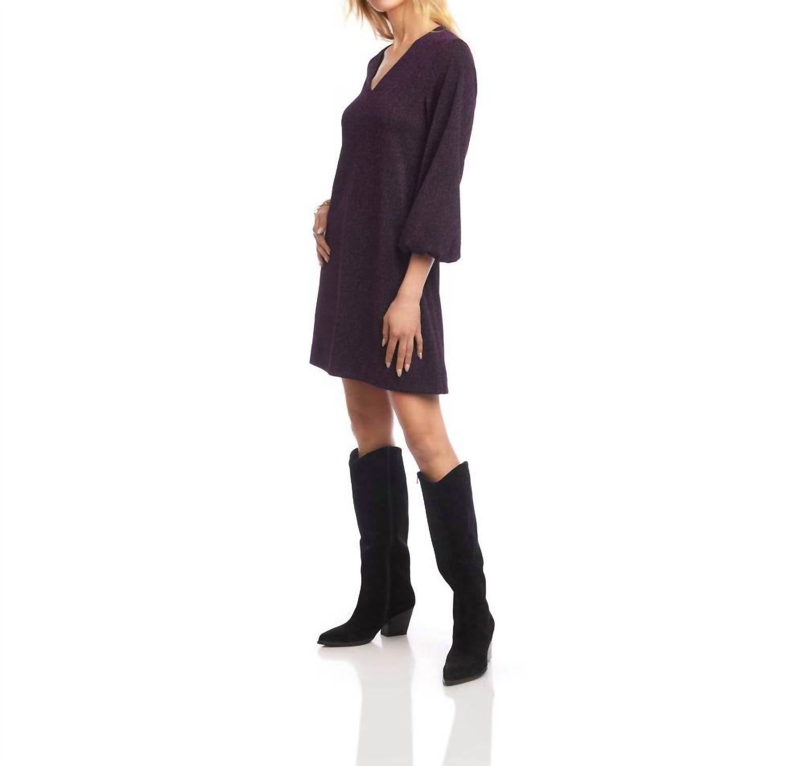 Karen Kane Blouson Sleeve Metallic Knit V-Neck Dress in eggplant - women's dress - detail view