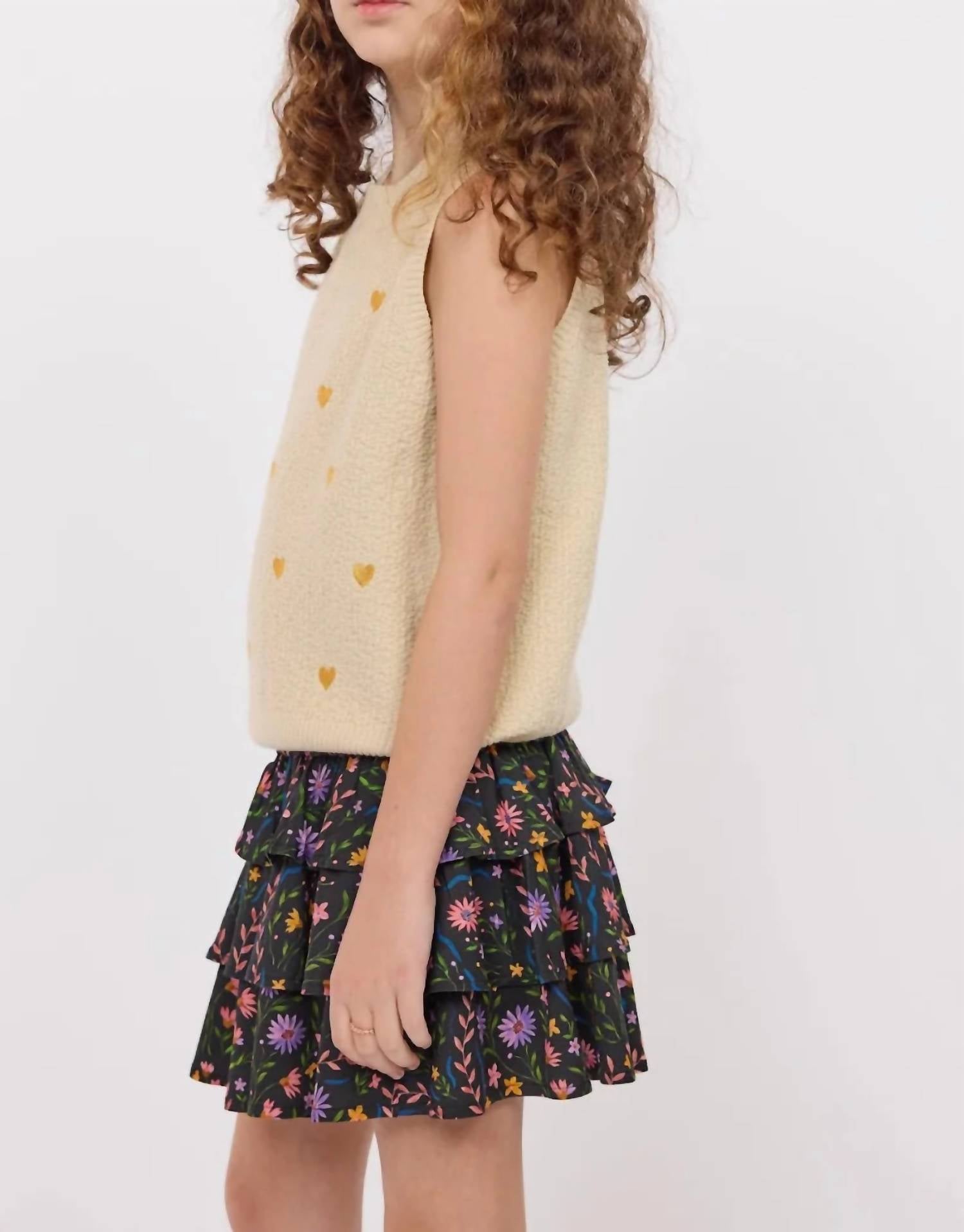 Sadie & Sage Girls Heart Eyes Sweater Vest in cream gold - kids' jacket - detail view