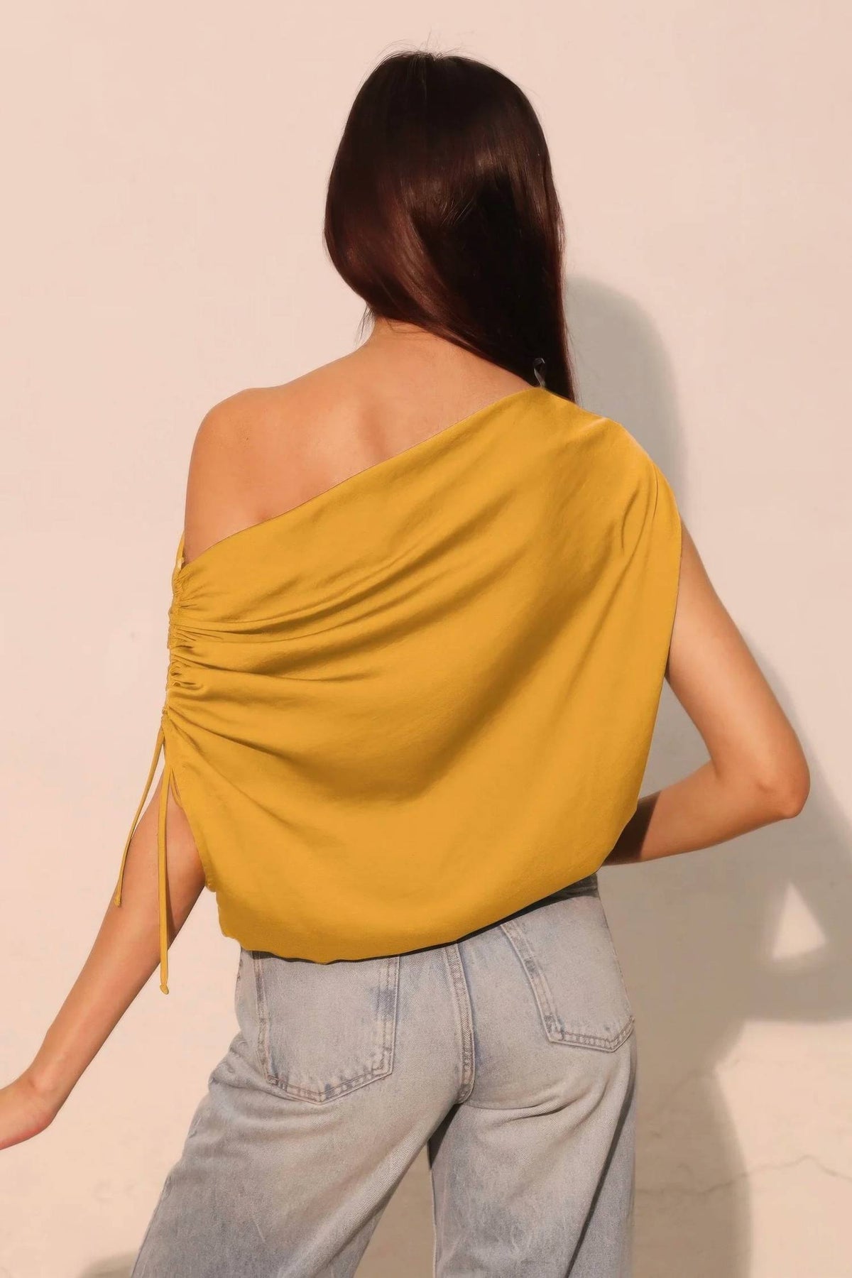 Tyche - Washed Poly Silk Asymmetrical Drawstring Top