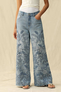 Bayeas - High Rise Eyelet And Embroidery Wide Leg Jeans
