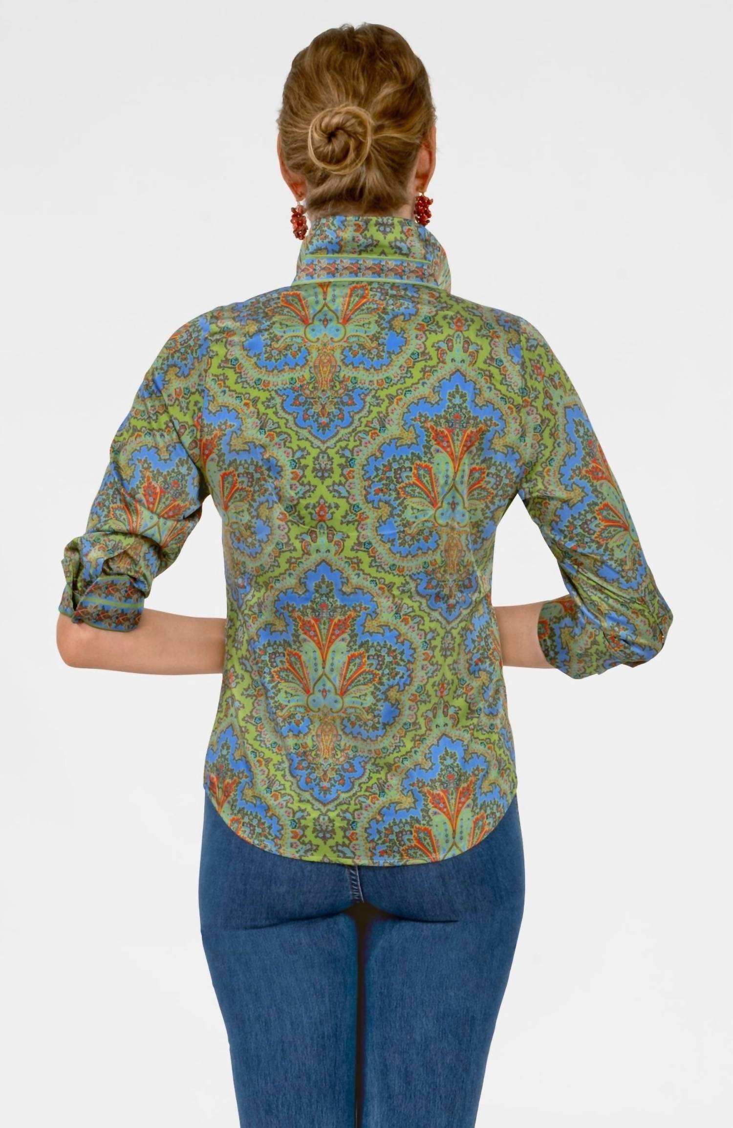 GRETCHEN SCOTT Passion Paisley Boyfriend Shirt in olive - women's blouse - detail view