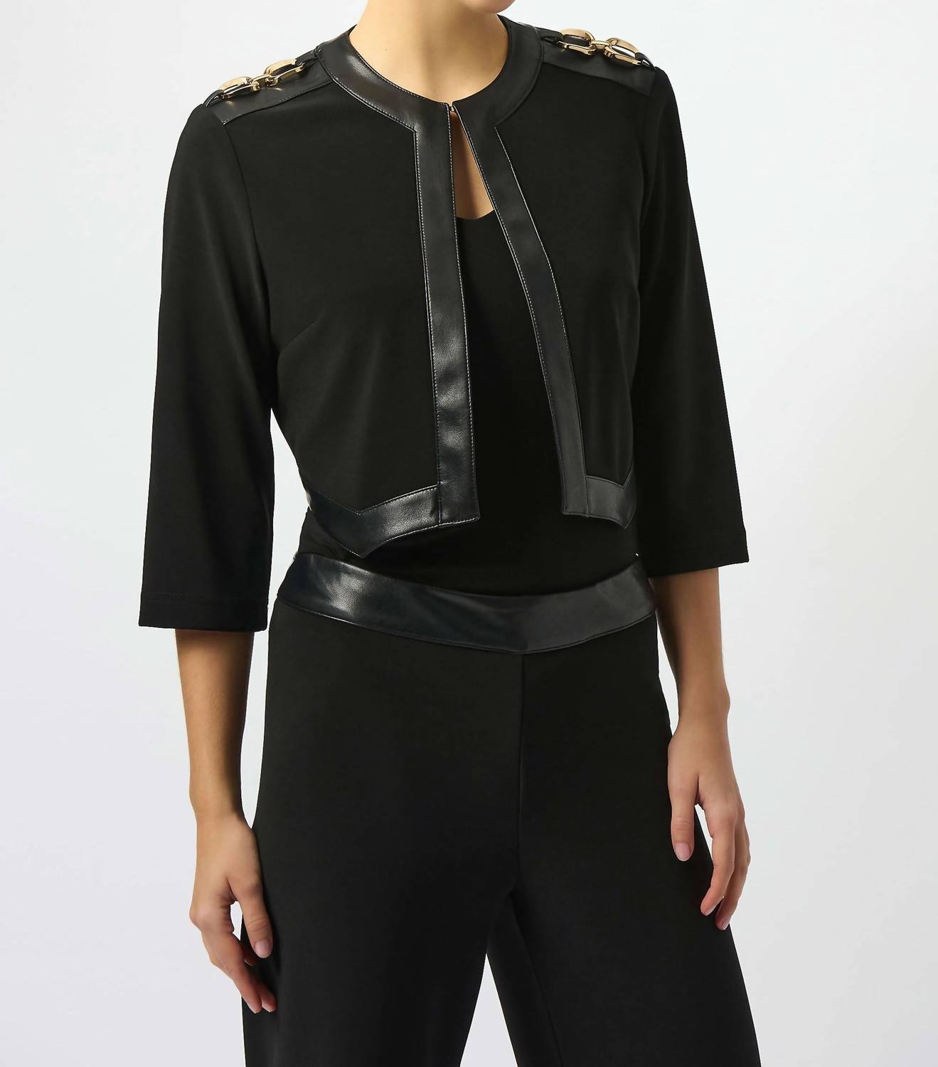 Joseph Ribkoff Silky Knit & Leatherette Cropped Jacket in black - women's jacket