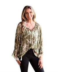 Oddi - V Neck Pattern Puff Sleeves Blouse