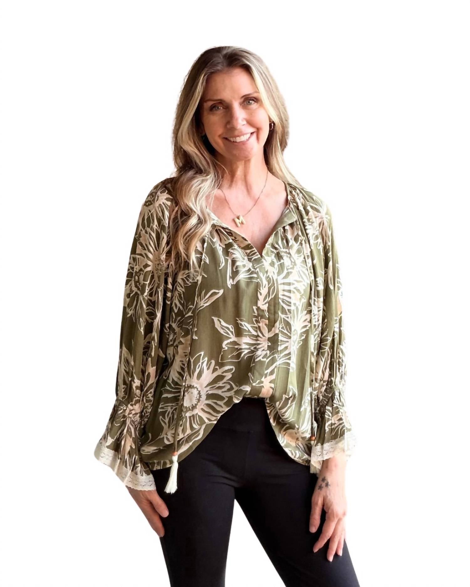 Oddi - V Neck Pattern Puff Sleeves Blouse