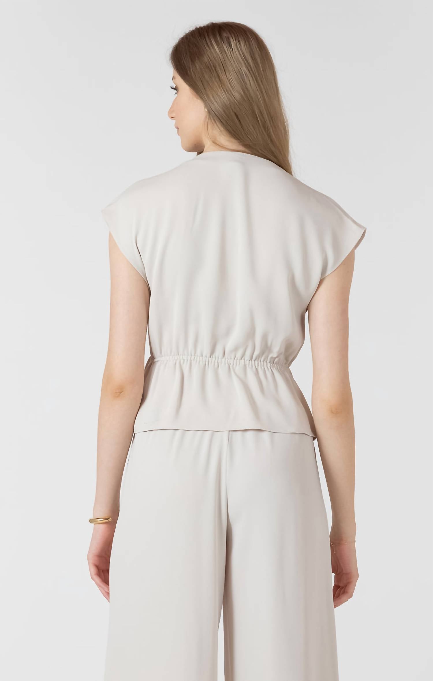 Dex Clothing Drapey Wrap Top in pearl - women's blouse - detail view