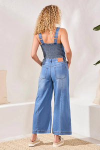 TRIBAL Tencel Wide Leg Jumpsuit With Shirred Elastic Back in blue - women's pants - detail view