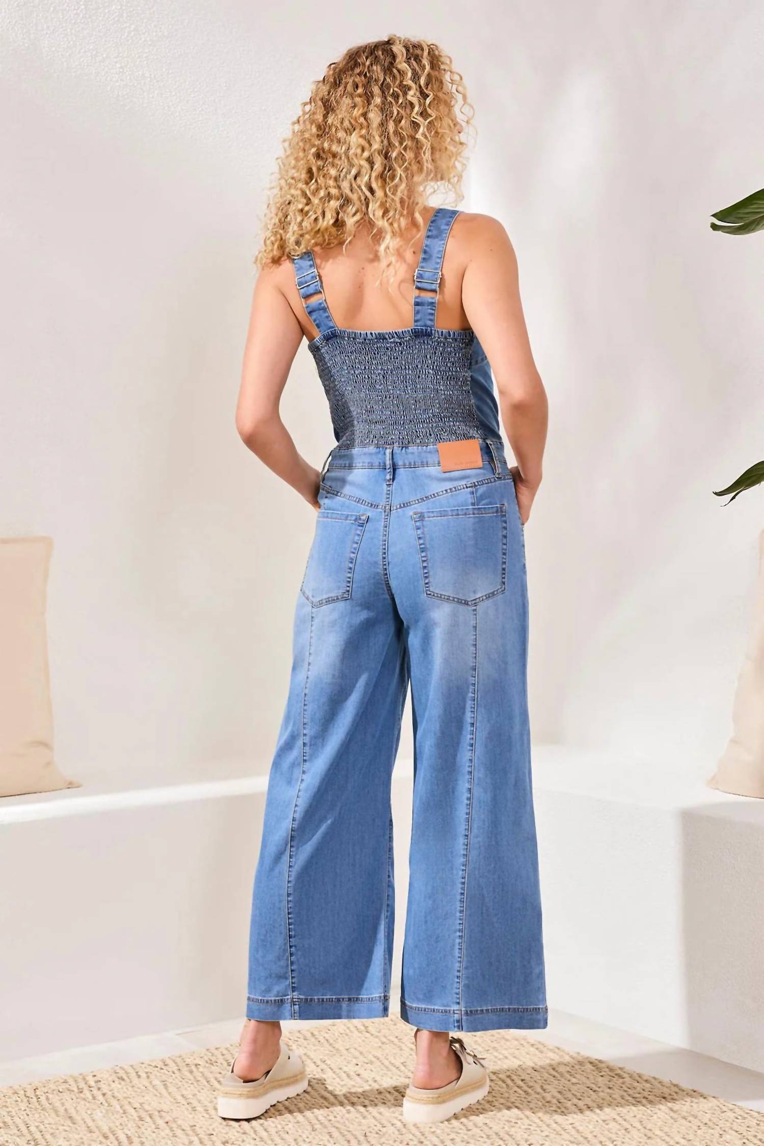 TRIBAL Tencel Wide Leg Jumpsuit With Shirred Elastic Back in blue - women's pants - detail view