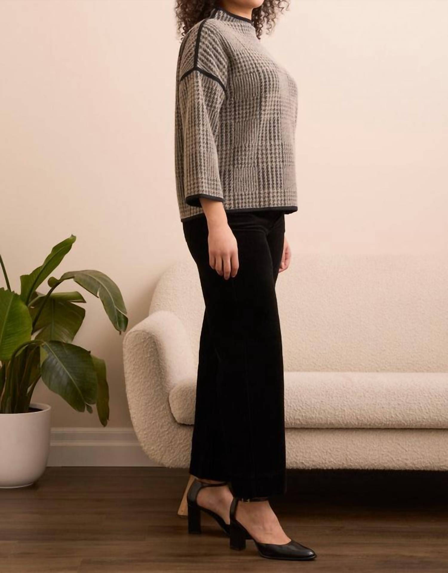 Tribal - Three Quarter Sleeve Mock Neck Jacquard Plaid Top