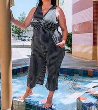 Gilli - Plus Size V-neck Pinstriped Cropped Jumpsuit