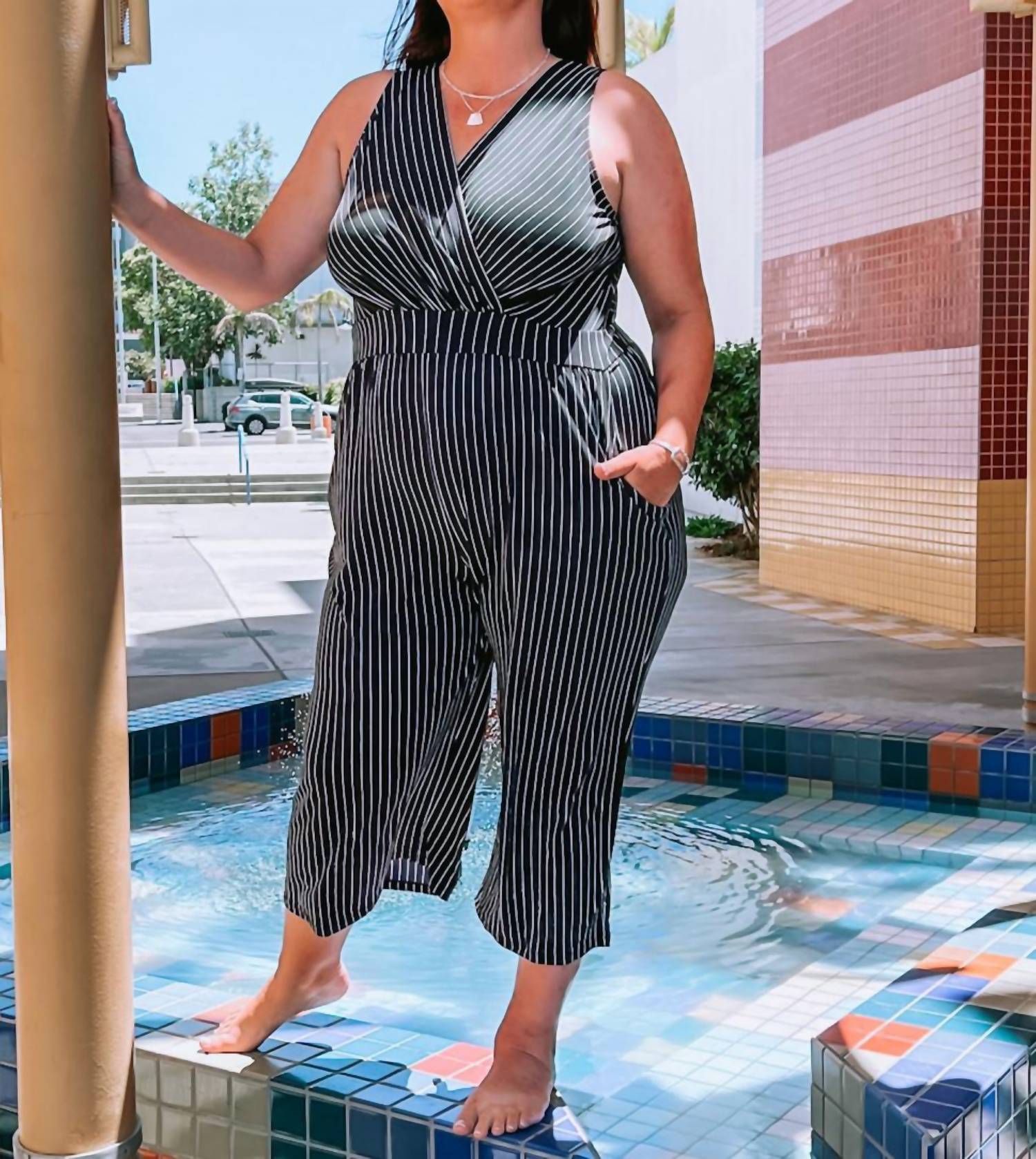 Gilli - Plus Size V-neck Pinstriped Cropped Jumpsuit