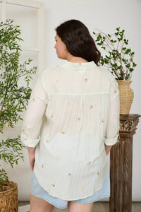 Blu Pepper - Stripe Floral Embroidery Long Sleeve Top - Plus