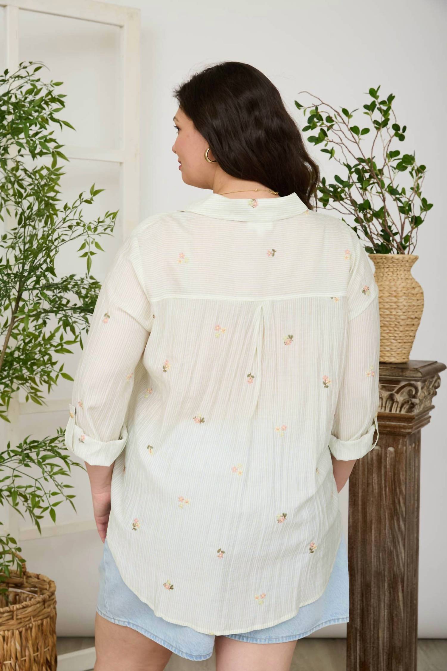 Blu Pepper - Stripe Floral Embroidery Long Sleeve Top - Plus