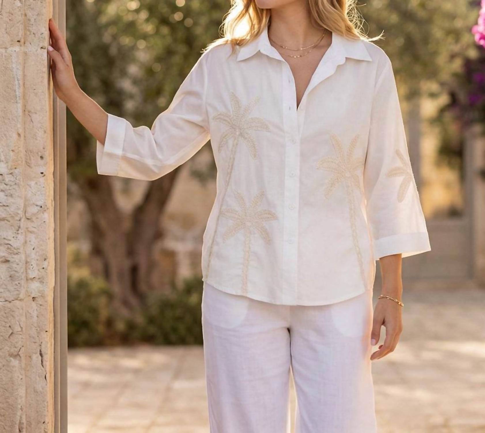 Karen Kane - Bell Sleeve Embroidered Palm Tree Shirt