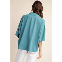 Style USA V-neck Collared Pop Over Top in teal - women's blouse - detail view
