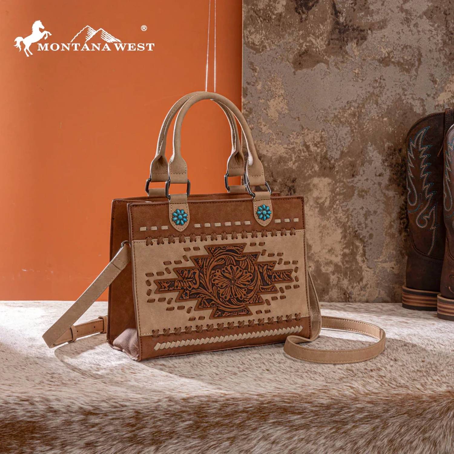 Montana West Western Tooled Aztec Tote in brown 1 - women's bag