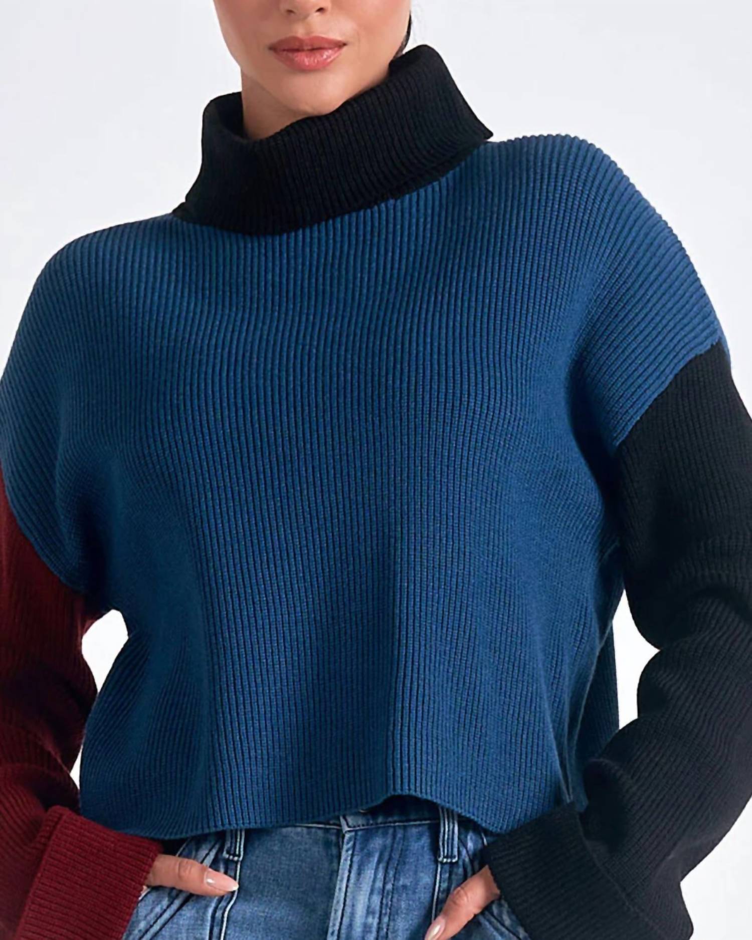 ELAN Long Sleeve Mock Neck Sweater in blue - women's sweater - detail view