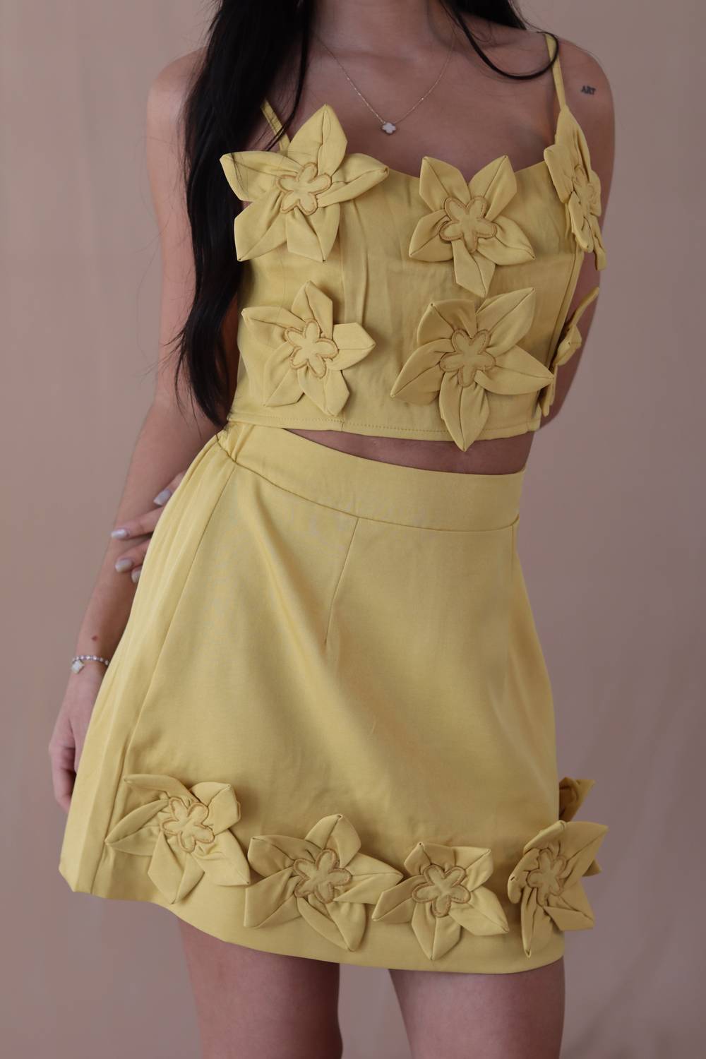 SUNDAYUP Ellie Crop Top And Mini Skirt Set in yellow - women's skirt - alternate view
