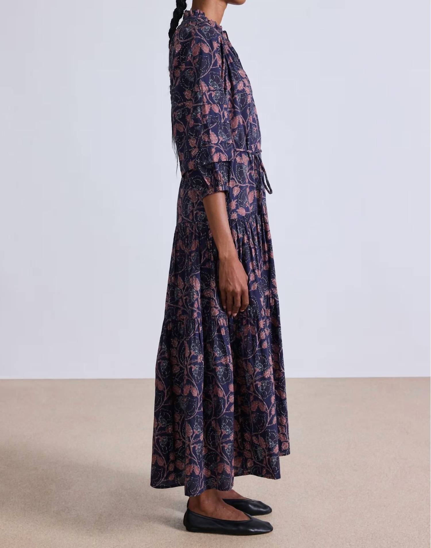 APIECE APART Trinidad Maxi Dress in camille floral navy - women's dress - detail view
