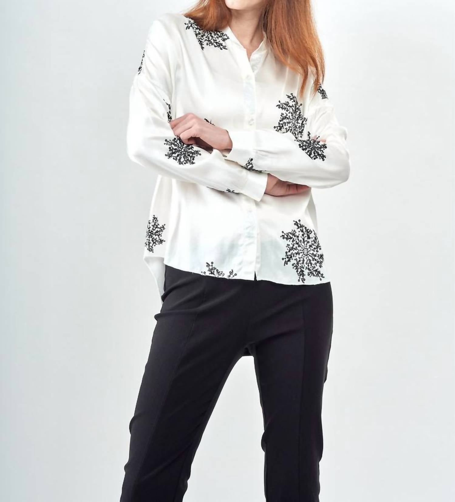 Insight Sequins Flower Button Up Top in white - women's shirt