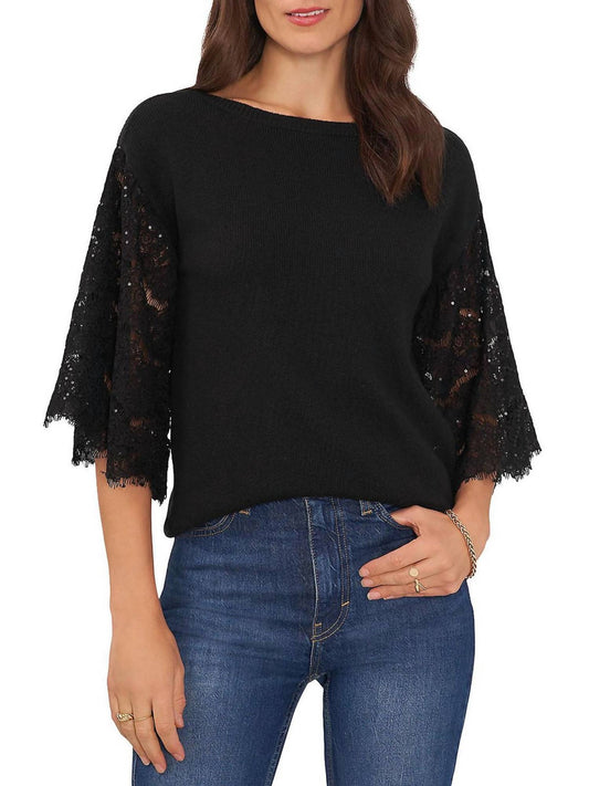 Vince Camuto - Lace Sequin Sleeve Mixed Media Top