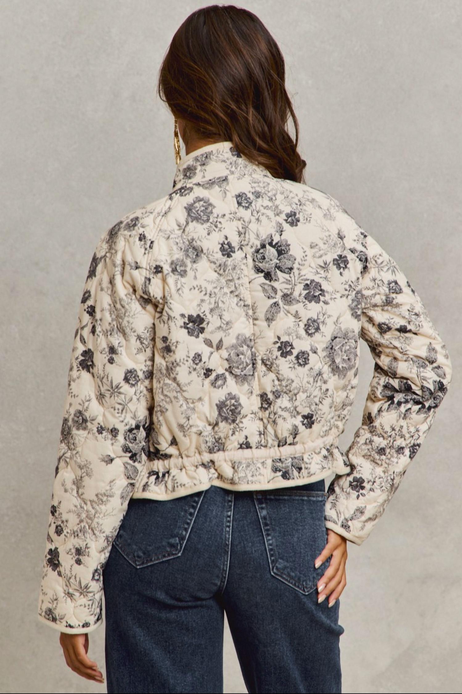 So Me - Woven Floral Print Long Sleeve Quilted Jacket