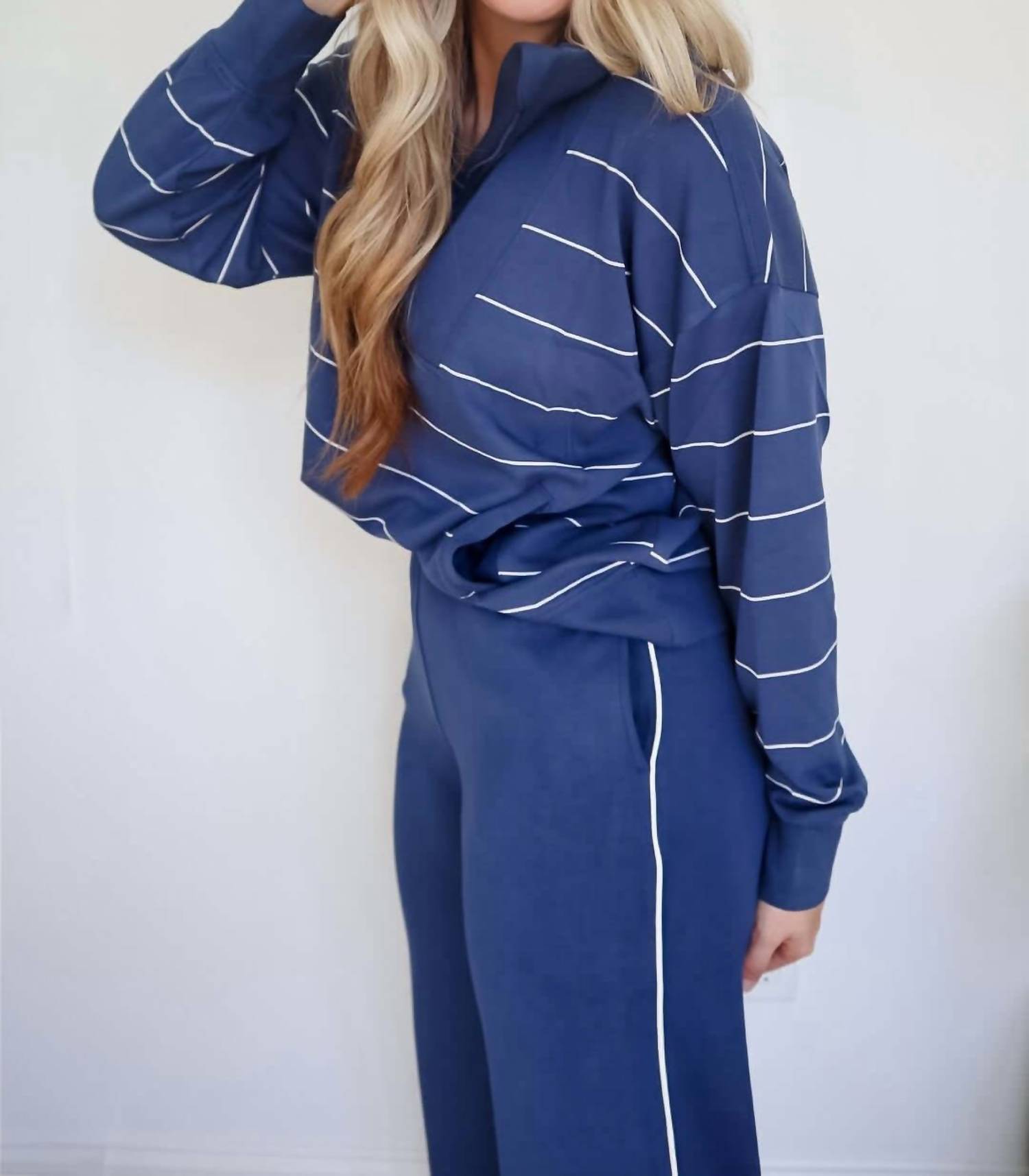 Rae Mode - Victoria Stripe Quarter Zip Top & Piping Straight Leg Pant Set