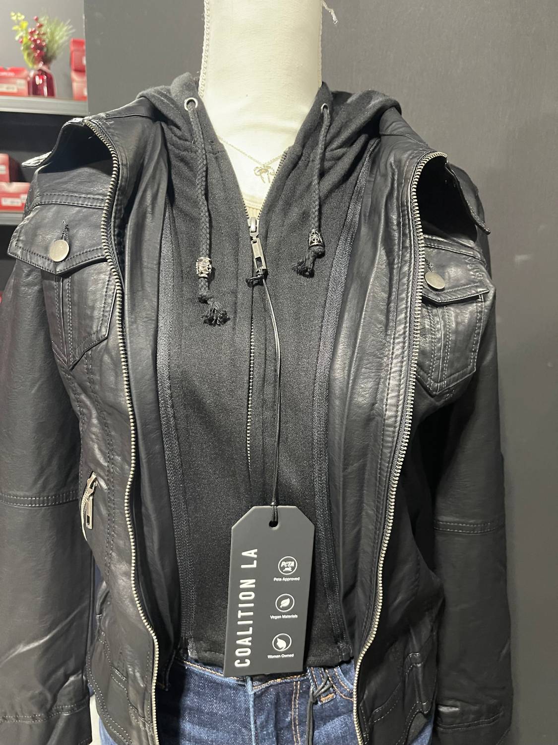Coalition LA Women's Hooded Leather Jacket in black - women's jacket - alternate view