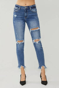 Risen - High Rise Distressed Frayed Hem Skinny Jeans