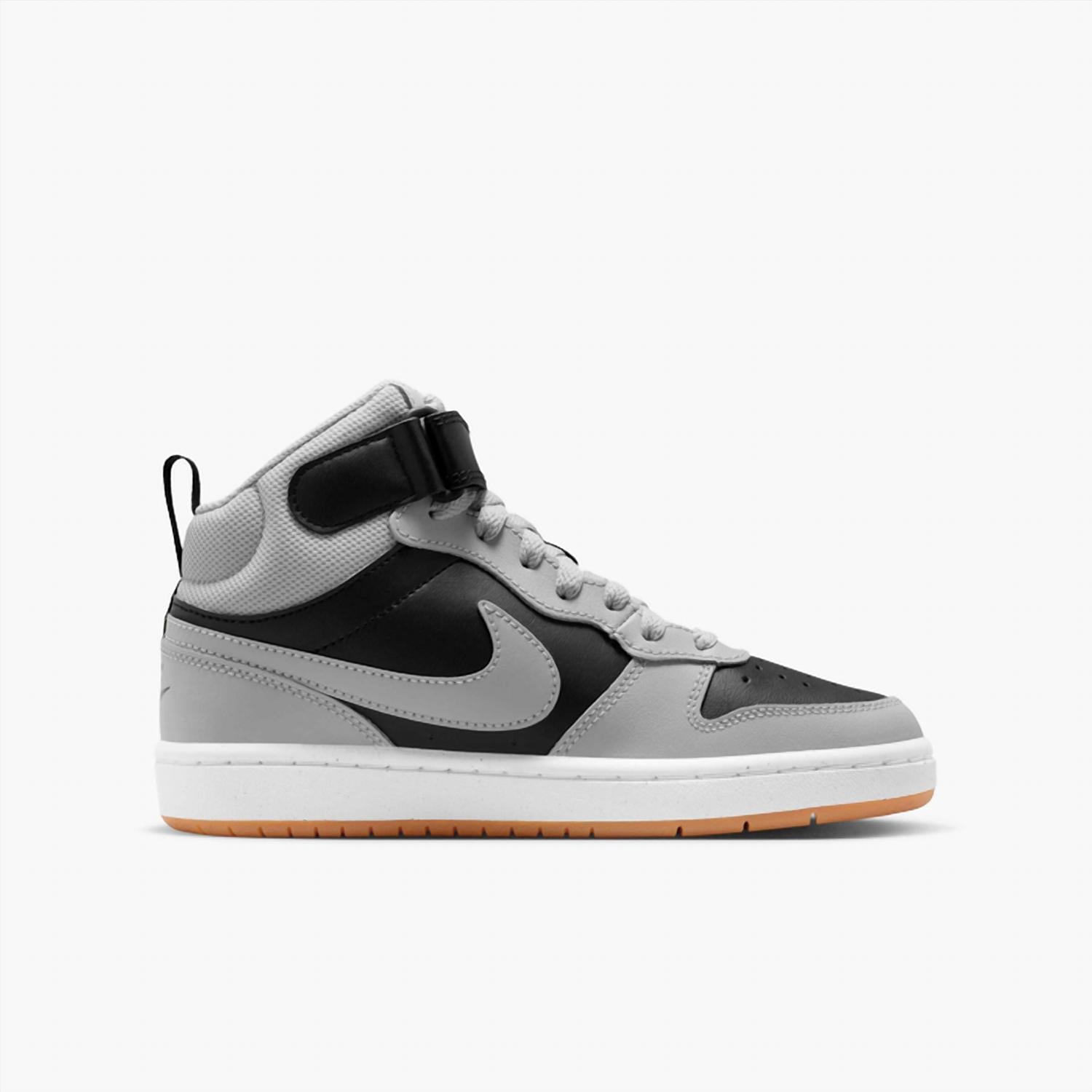 NIKE Big Kid's Court Borough Mid 2 Shoe in black white gum medium brown light smoke grey - kids' sneaker