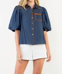 THML Puff Sleeve Denim Button Up Top in blue - women's shirt