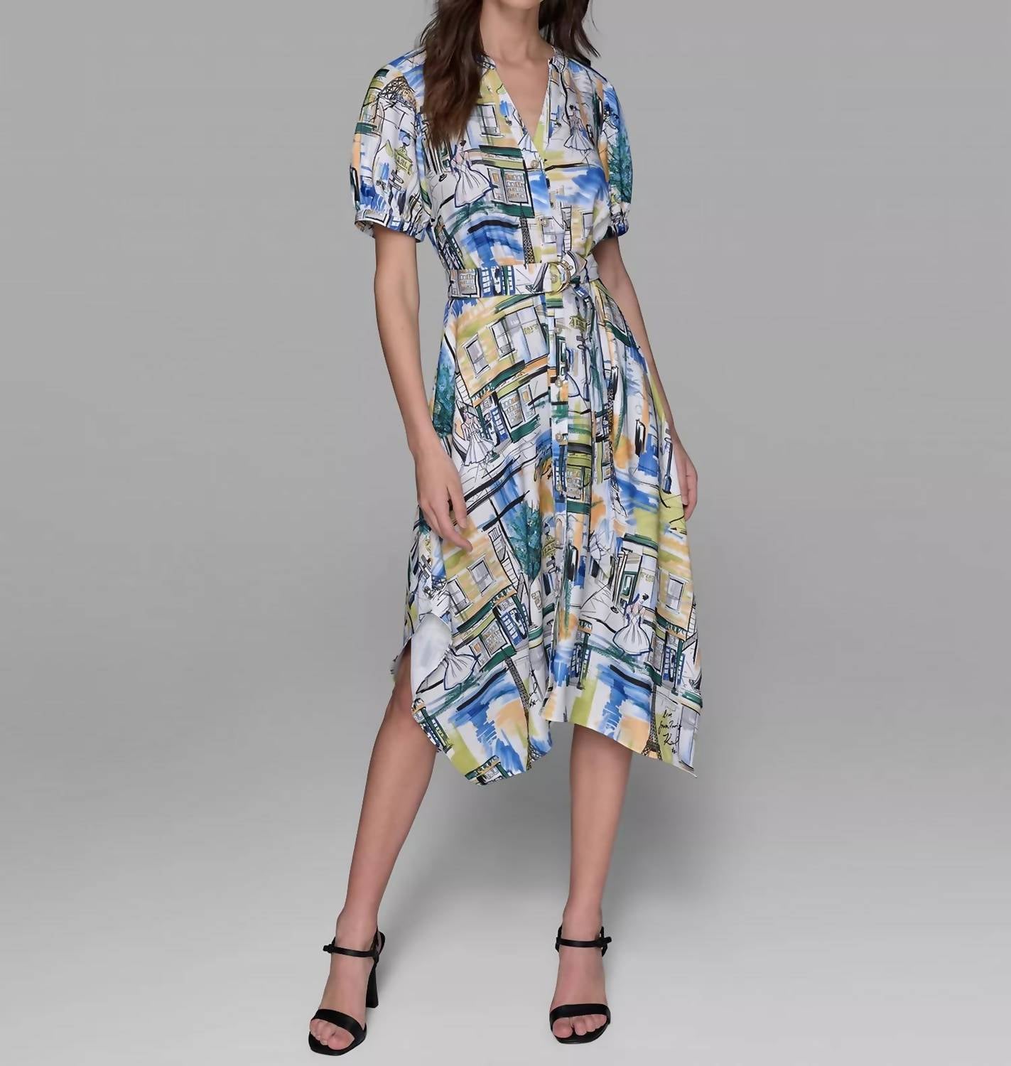 KARL LAGERFELD Printed Paris Scene Be Palace Dress in blue citrus green multi - women's dress