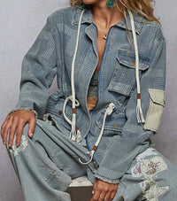 Pol - Raw Hem Drawstring Zip Up Hooded Denim Jacket