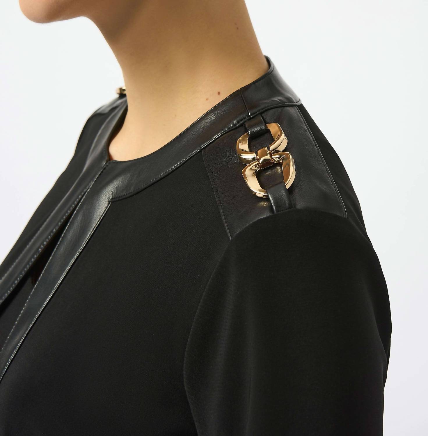 Joseph Ribkoff Silky Knit & Leatherette Cropped Jacket in black - women's jacket - view 4